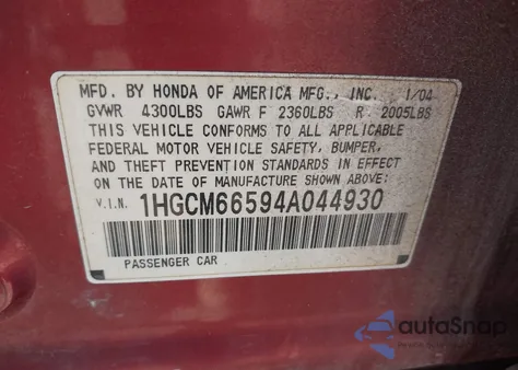 2004 Honda Accord 3.0 Ex from USA, damaged, VIN 1HGCM66594A044930